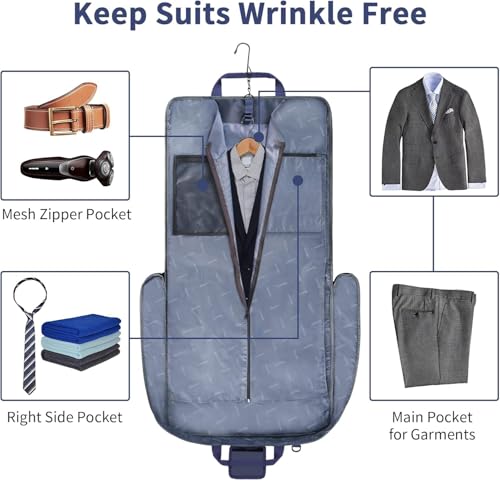 Mancro Carry On Suit Garment Bags for Travel, Suit Bag with Adjustable Shoulder Strap, Waterproof Foldable Luggage Bag for Men Women, Large Travel Garment Bags for Hanging Clothes, Blue - Image 4