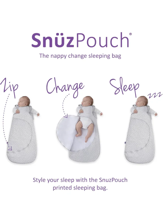 Snuz Pouch Sleeping Bag For Infant Baby 0.5 Tog Clever Nappy Change Zip 100% Cotton For Temperatures Within 24 - 27 Celsius Suitable From 0 To 6 Months Maximum Baby Length 68 Cm - White Spot