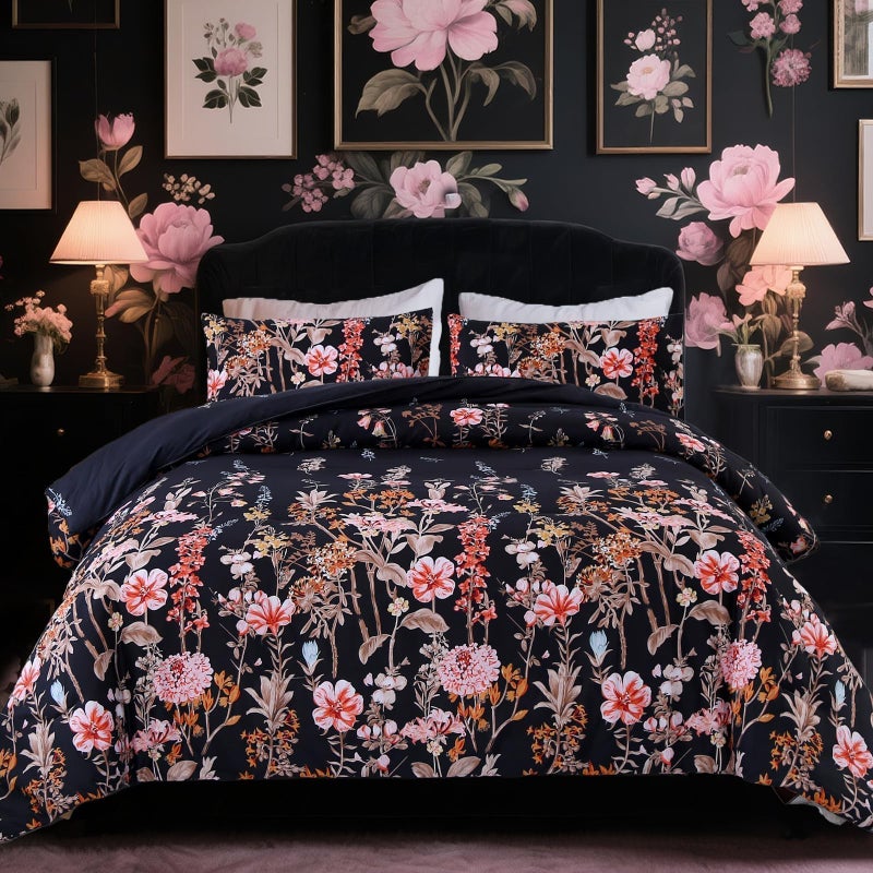 MAG 3Pcs Floral Queen Comforter,Microfiber Flower Queen Bedding Set,Vintage Black Flower Pattern,All Season with 1 Comforter + 2 Pillowcases for Kids Boys and Girls, Breathable and Wrinkle. - Image 1