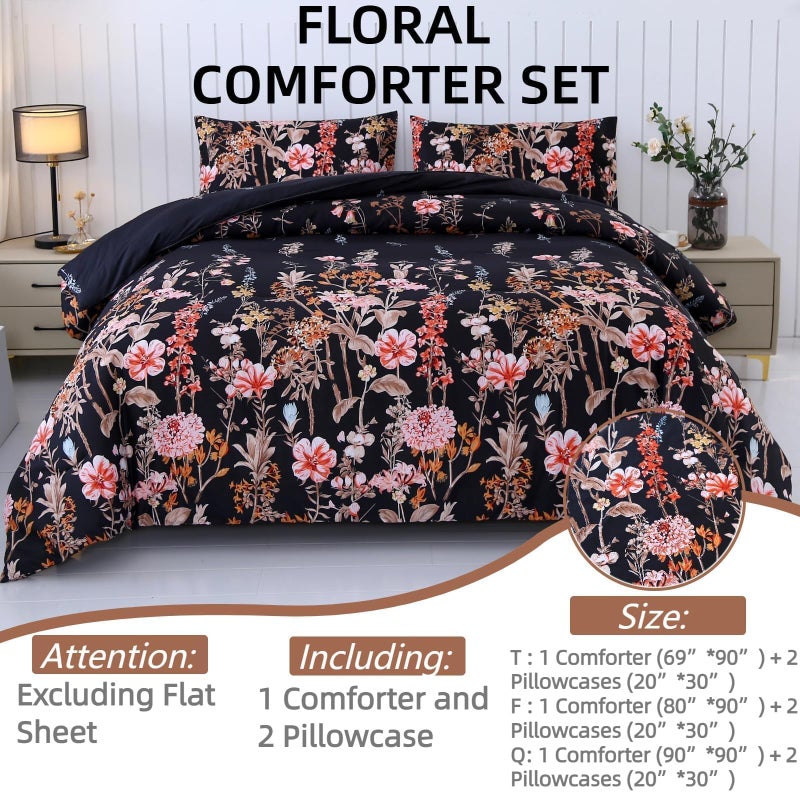 MAG 3Pcs Floral Queen Comforter,Microfiber Flower Queen Bedding Set,Vintage Black Flower Pattern,All Season with 1 Comforter + 2 Pillowcases for Kids Boys and Girls, Breathable and Wrinkle. - Image 3