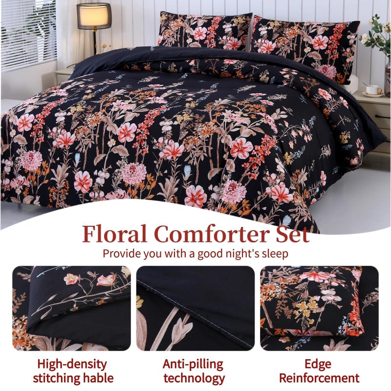 MAG 3Pcs Floral Queen Comforter,Microfiber Flower Queen Bedding Set,Vintage Black Flower Pattern,All Season with 1 Comforter + 2 Pillowcases for Kids Boys and Girls, Breathable and Wrinkle. - Image 4