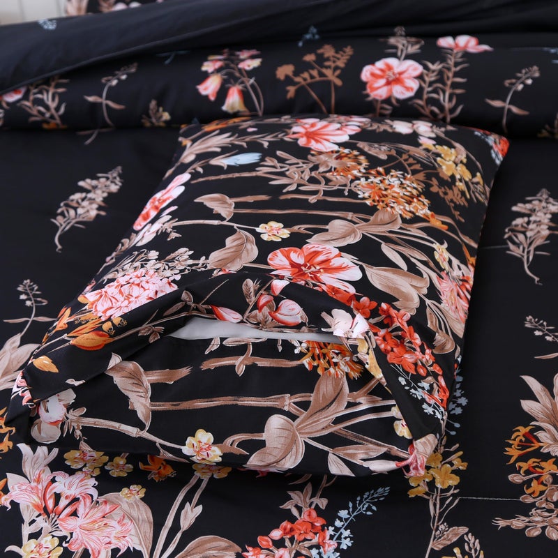 MAG 3Pcs Floral Queen Comforter,Microfiber Flower Queen Bedding Set,Vintage Black Flower Pattern,All Season with 1 Comforter + 2 Pillowcases for Kids Boys and Girls, Breathable and Wrinkle. - Image 5