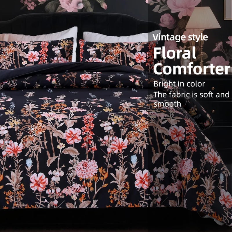 MAG 3Pcs Floral Queen Comforter,Microfiber Flower Queen Bedding Set,Vintage Black Flower Pattern,All Season with 1 Comforter + 2 Pillowcases for Kids Boys and Girls, Breathable and Wrinkle. - Image 2