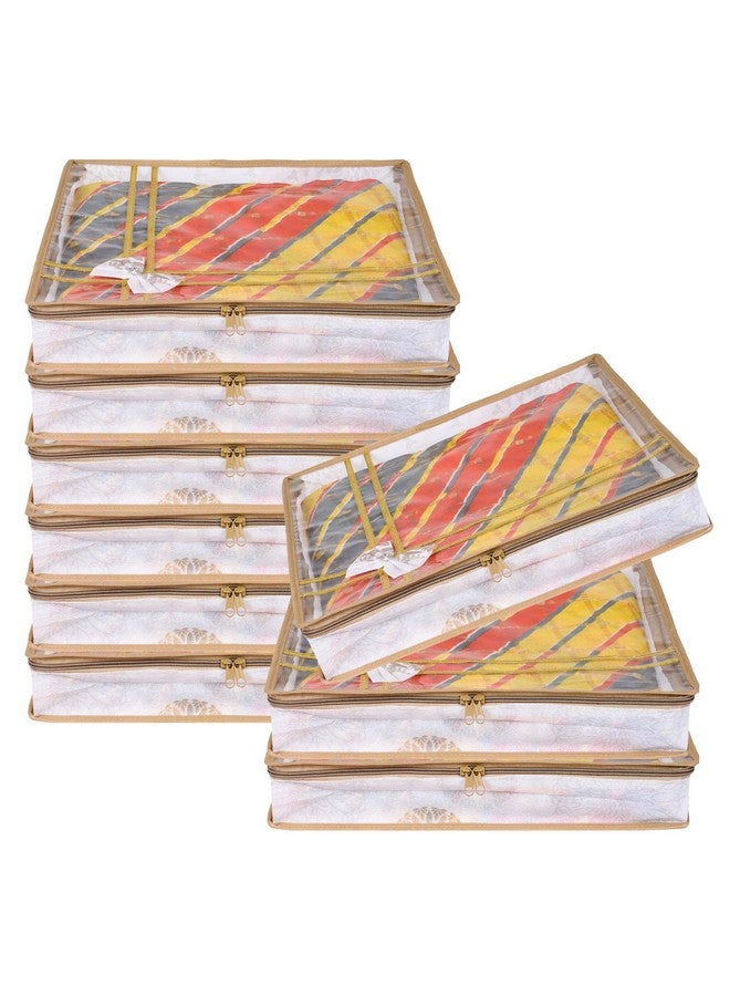 Kuber Industries Pack of 9 Saree Storage Bag | 3 Inch | Lightweight-Portable Garments Bag | Non Woven Wardrobe Bag Set | Top Visible Window Clothes Bags | Bow-Gola Print | White - Image 1