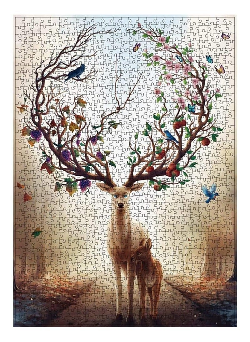 1000 PCS Jigsaw Puzzle, Kids Puzzles for Boys Girls, Educational Wooden Jigsaw, Wall Decoration, Puzzles Toys for Kids Ages 3, 4, 5, with Deer in the Forest Patterns, 50x75CM  - Image 1