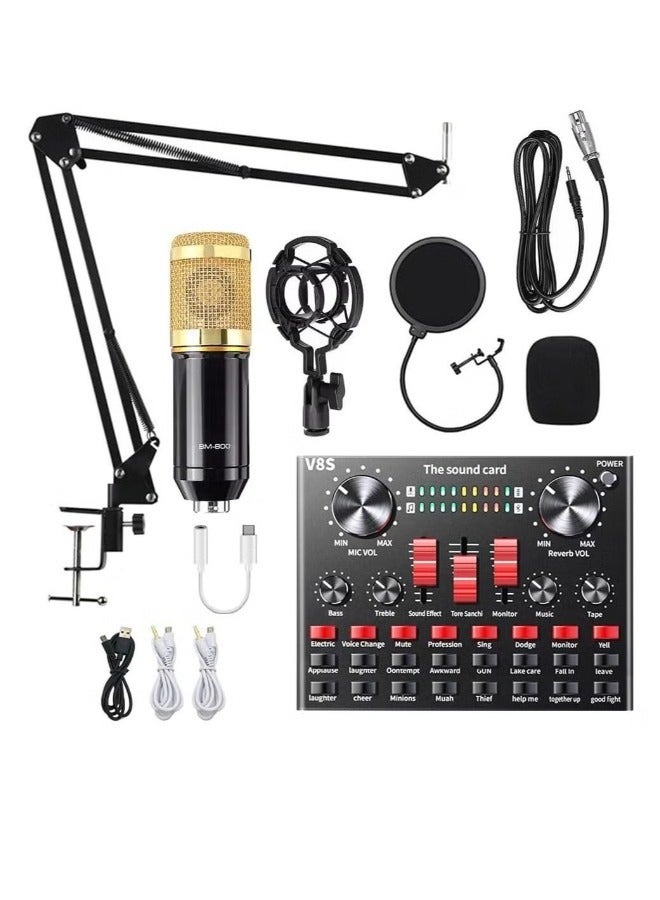 Condenser Microphone Bundle Podcast Kit with Streaming Microphone Live Sound Card Adjustable Mic Stand Metal Shock Mount and Double Layer Pop Filter for Studio Recording & Broadcasting
