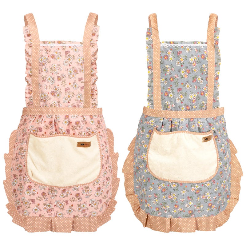 AUGSUN 2Pcs Women Aprons with Pockets, Girls Floral Apron with Big Pocket Baking Soft Chef Aprons for Kitchen Cooking Baking - Image 1