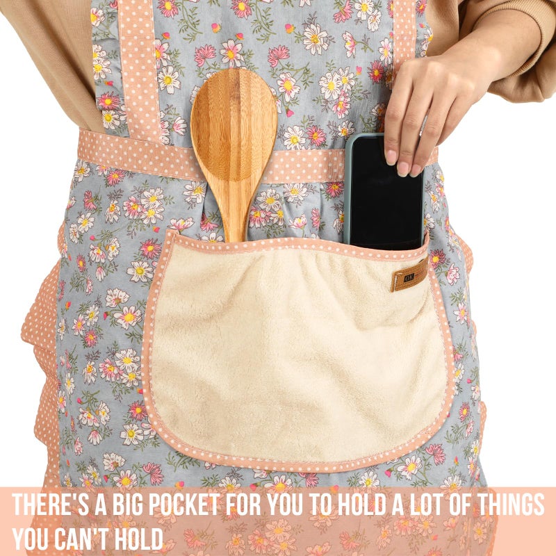AUGSUN 2Pcs Women Aprons with Pockets, Girls Floral Apron with Big Pocket Baking Soft Chef Aprons for Kitchen Cooking Baking - Image 5