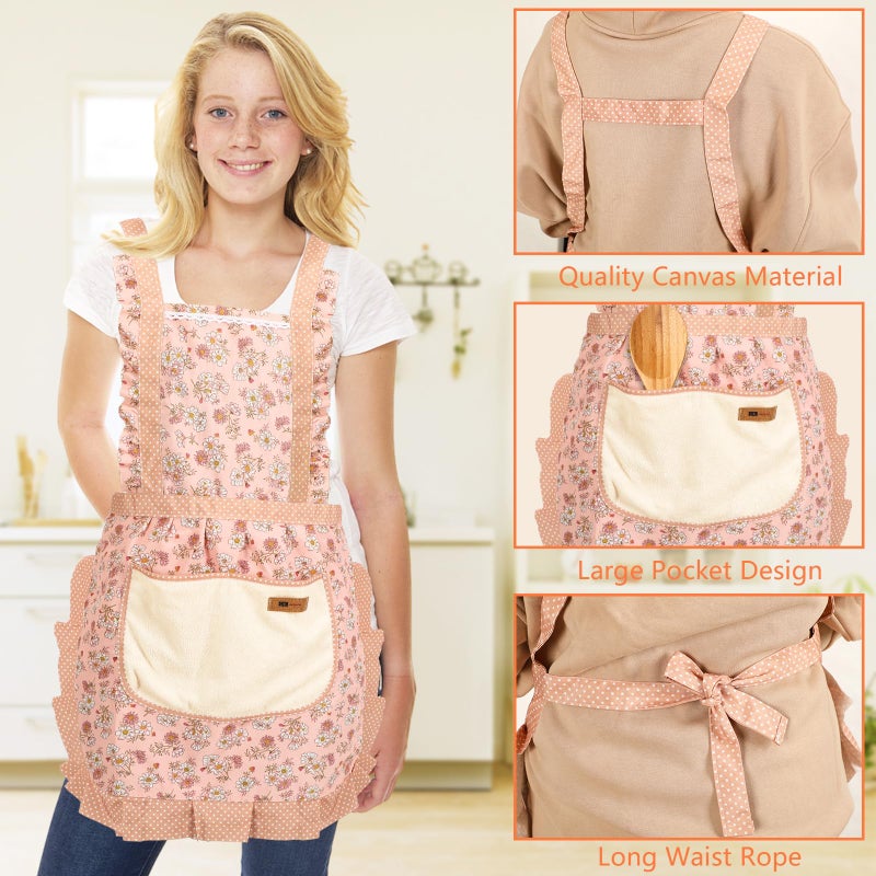 AUGSUN 2Pcs Women Aprons with Pockets, Girls Floral Apron with Big Pocket Baking Soft Chef Aprons for Kitchen Cooking Baking - Image 3
