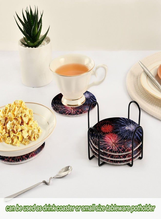 Aflyko 4th of July Coasters for Drink Holiday Fireworks Coaster Set with Metal Holder Cotton Woven Coaster for Coffee Table Bistro Home Kitchen Island Holiday Housewarming Gift 6 Pack - Image 5