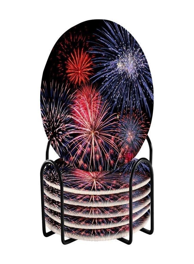 Aflyko 4th of July Coasters for Drink Holiday Fireworks Coaster Set with Metal Holder Cotton Woven Coaster for Coffee Table Bistro Home Kitchen Island Holiday Housewarming Gift 6 Pack - Image 1
