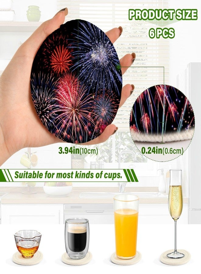 Aflyko 4th of July Coasters for Drink Holiday Fireworks Coaster Set with Metal Holder Cotton Woven Coaster for Coffee Table Bistro Home Kitchen Island Holiday Housewarming Gift 6 Pack - Image 3