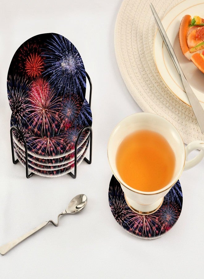 Aflyko 4th of July Coasters for Drink Holiday Fireworks Coaster Set with Metal Holder Cotton Woven Coaster for Coffee Table Bistro Home Kitchen Island Holiday Housewarming Gift 6 Pack - Image 4