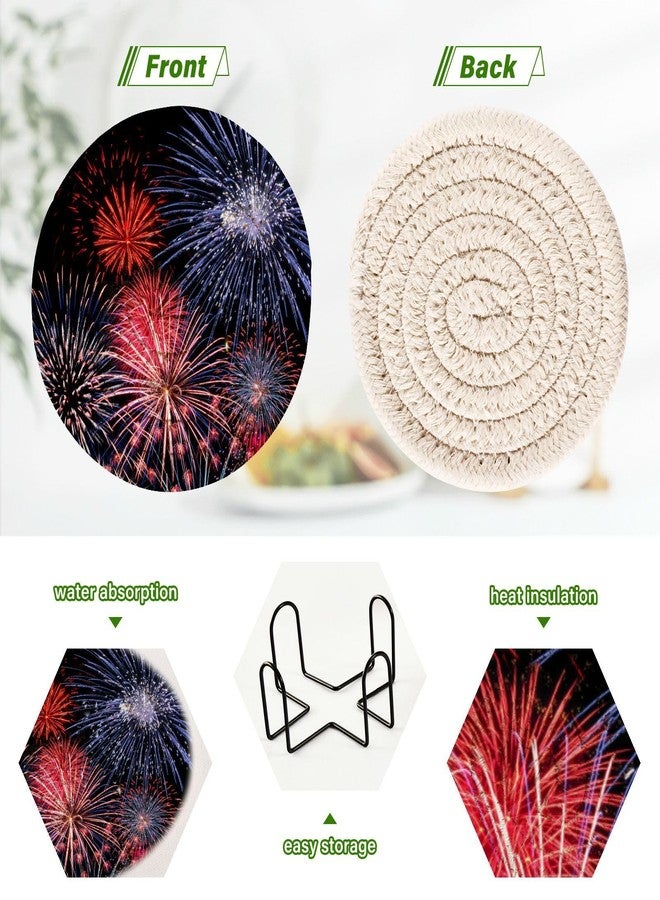 Aflyko 4th of July Coasters for Drink Holiday Fireworks Coaster Set with Metal Holder Cotton Woven Coaster for Coffee Table Bistro Home Kitchen Island Holiday Housewarming Gift 6 Pack - Image 2