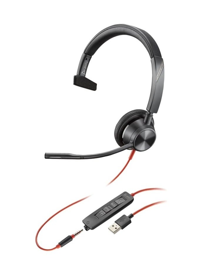 سماعة رأس بولي بلاك واير 3315 USB-A - فوق الأذن (أحادية الأذن)، ميكروفون عازل للضوضاء، ميكروفون بوم 135 مم، مكبر صوت 32 مم، مستوى صوت 94 ديسيبل، نطاق ترددي 80 هرتز-20 كيلوهرتز، متوافقة مع USB/USB Type-C/3.5 مم، عصابة رأس مبطنة فاخرة، وسائد أذن من الجلد الصناعي، إمكانية الرد على المكالمات وإنهائها، كتم الصوت، التحكم في مستوى الصوت، متوافقة مع ويندوز 10/11 وماك، لون أسود | 76J12AA - Image 1