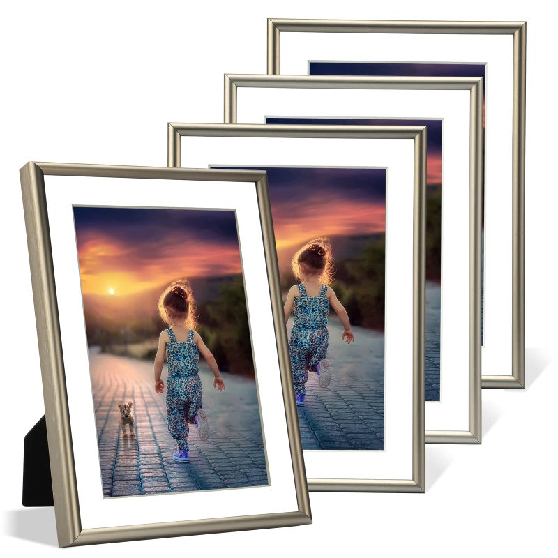 Fkvat 5x7 Picture Frame Set of 4, Matted Champagne Simple Modern Brushed Thin Aluminum Metal Photo Frame Fits 4x6 and 3x5 with Mat or 5 x 7 without Mat . Vertical and Horizontal for Tabletop and Wall - Image 1