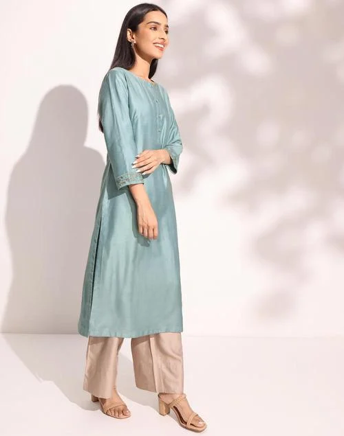 Fabindia Turquoise Viscose Silk Embroidered Long Kurta