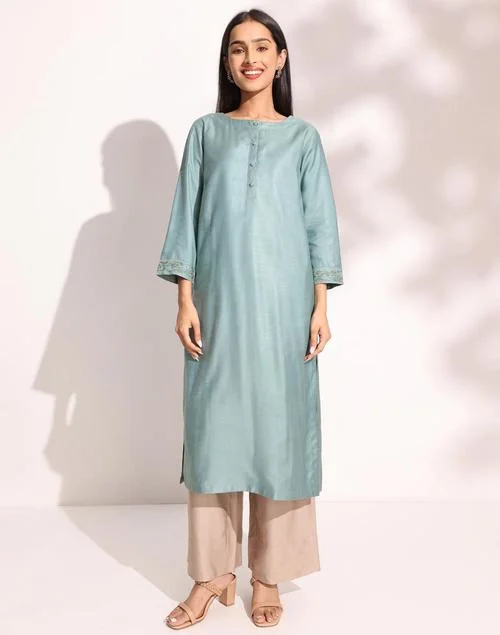 Fabindia Turquoise Viscose Silk Embroidered Long Kurta