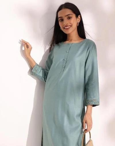 Fabindia Turquoise Viscose Silk Embroidered Long Kurta