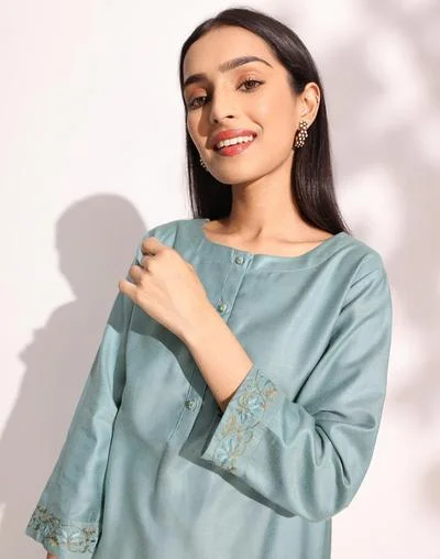 Fabindia Turquoise Viscose Silk Embroidered Long Kurta
