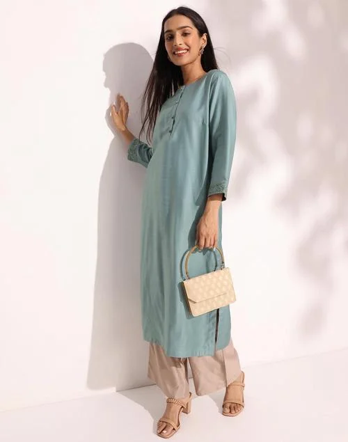 Fabindia Turquoise Viscose Silk Embroidered Long Kurta