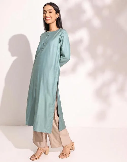 Fabindia Turquoise Viscose Silk Embroidered Long Kurta