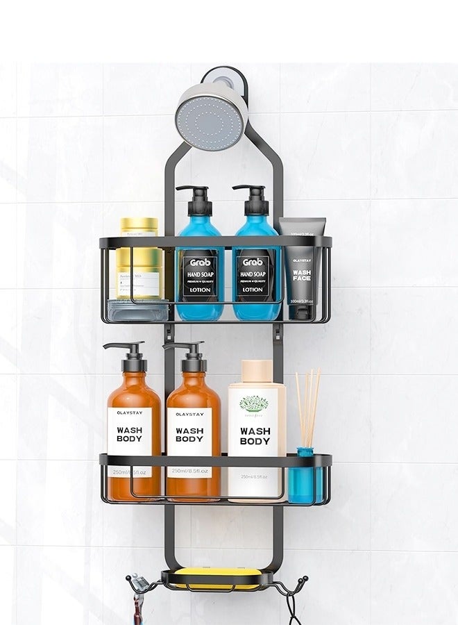 ميكسد علبة دش معلقة، منظم دش معلق للحمام، سلة تخزين فوق رأس الدش مع خطافات لشفرات الحلاقة والإسفنجة مقاومة للصدأ، أسود - Image 1