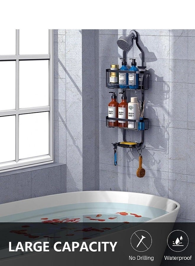 ميكسد علبة دش معلقة، منظم دش معلق للحمام، سلة تخزين فوق رأس الدش مع خطافات لشفرات الحلاقة والإسفنجة مقاومة للصدأ، أسود - Image 4