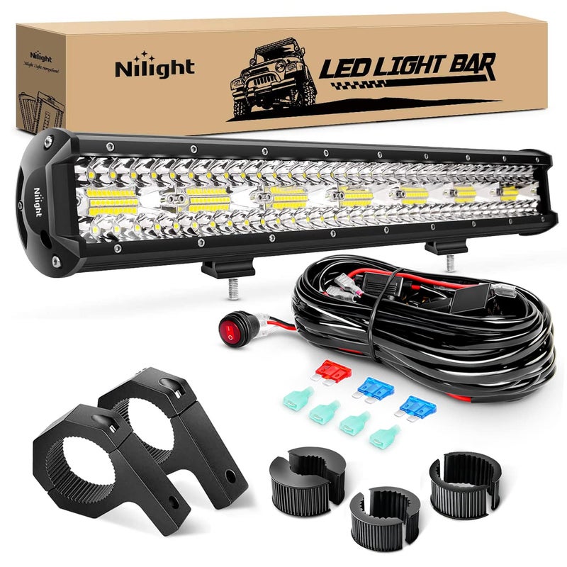 Nilight 20Inch 420W Triple Row Flood Spot Combo 42000LM Bar Driving Boat Led Off Road Lights with Mounting Bracket 16AWG Wiring Harness Kit - Image 1