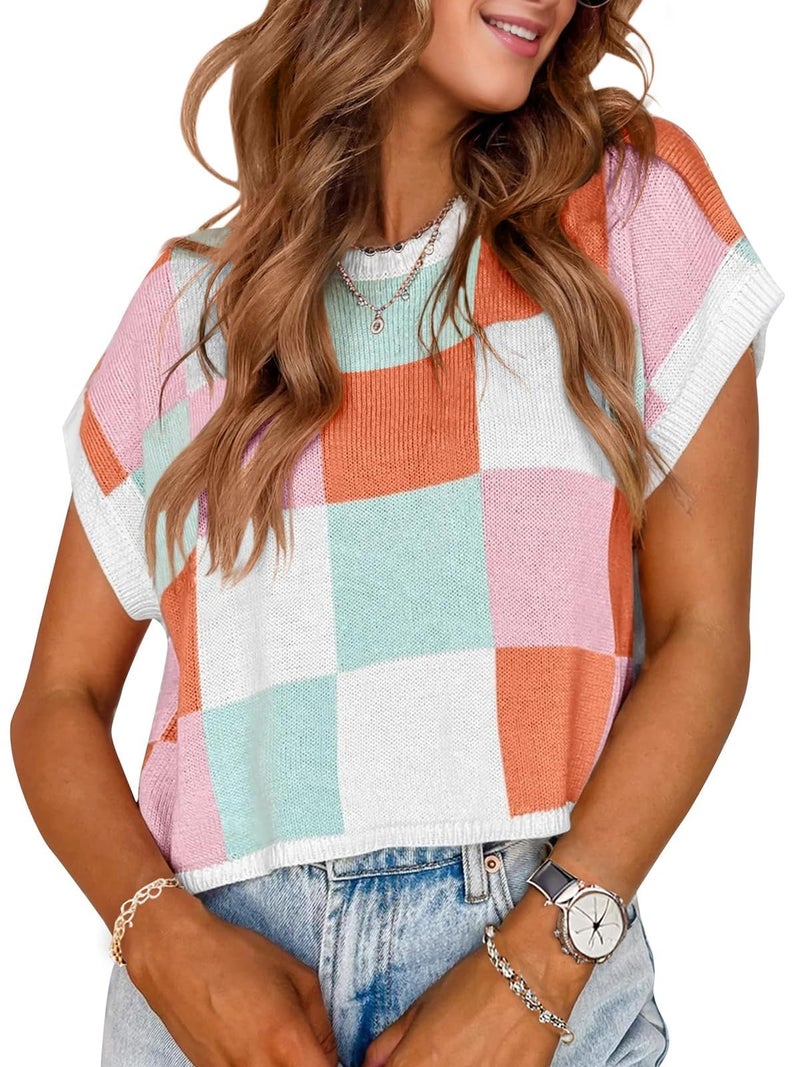 WIFFGO Womens Spring Crop Tops 2026 Summer Cap Short Sleeve Sweater Vest Loose Shirts Cute Trendy Top Vacation Outfits A-Pink - Image 1