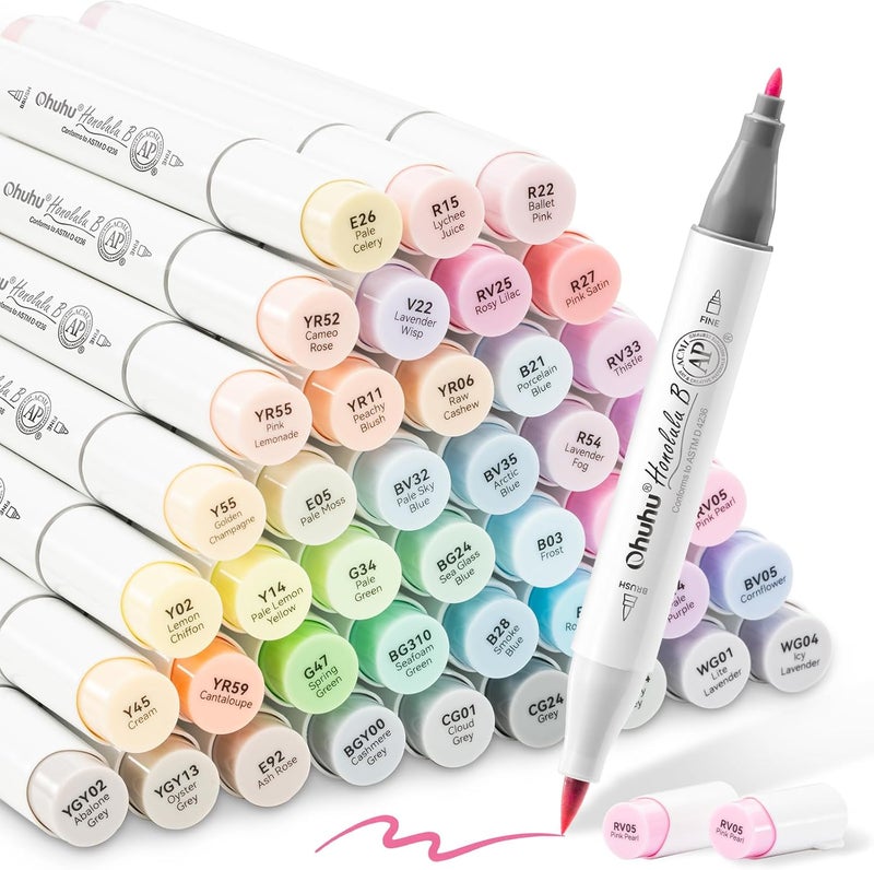 Ohuhu Pastel Markers Brush Tip - 48 Pastel Colors + 1 Blender & Case, Double Tipped Alcohol-Based Art Markers for Adults' Coloring & Illustration - Image 1