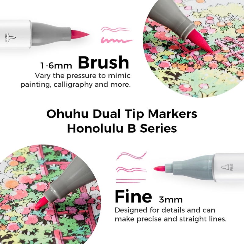 Ohuhu Pastel Markers Brush Tip - 48 Pastel Colors + 1 Blender & Case, Double Tipped Alcohol-Based Art Markers for Adults' Coloring & Illustration - Image 2