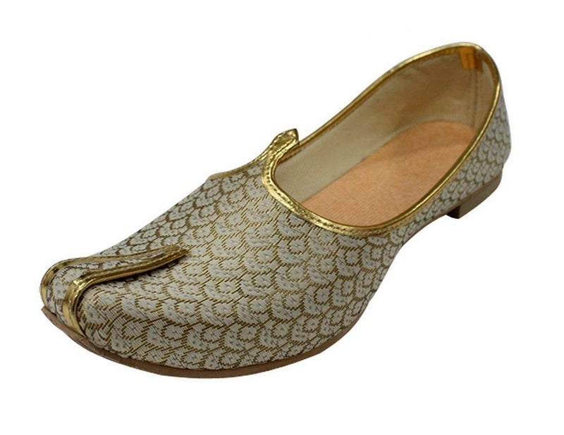 Stop n Style Handmade Cream Gold Sherwani Shoes Achkan Ethnic Mojri Khussa Jutti