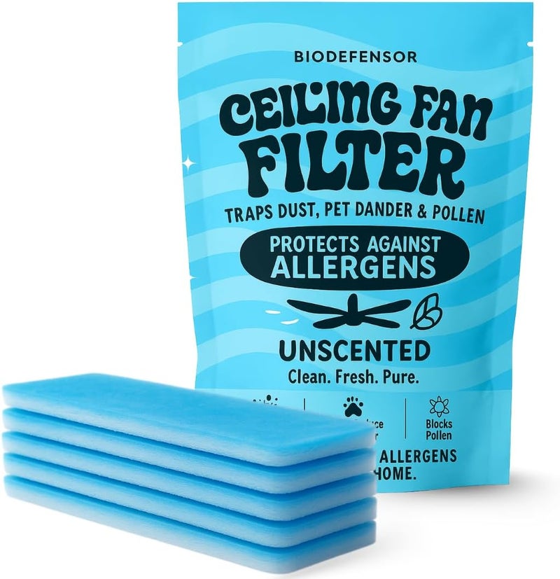 BIODEFENSOR Ceiling Fan Filters for Blades – Dust-Lock Adhesive Traps & Prevents Re-Circulation of Dust, Pet Dander, Pollen, Spores – Perfect for Pet Owners – Easy Peel & Stick, Made in USA (5-Pack) - Image 1