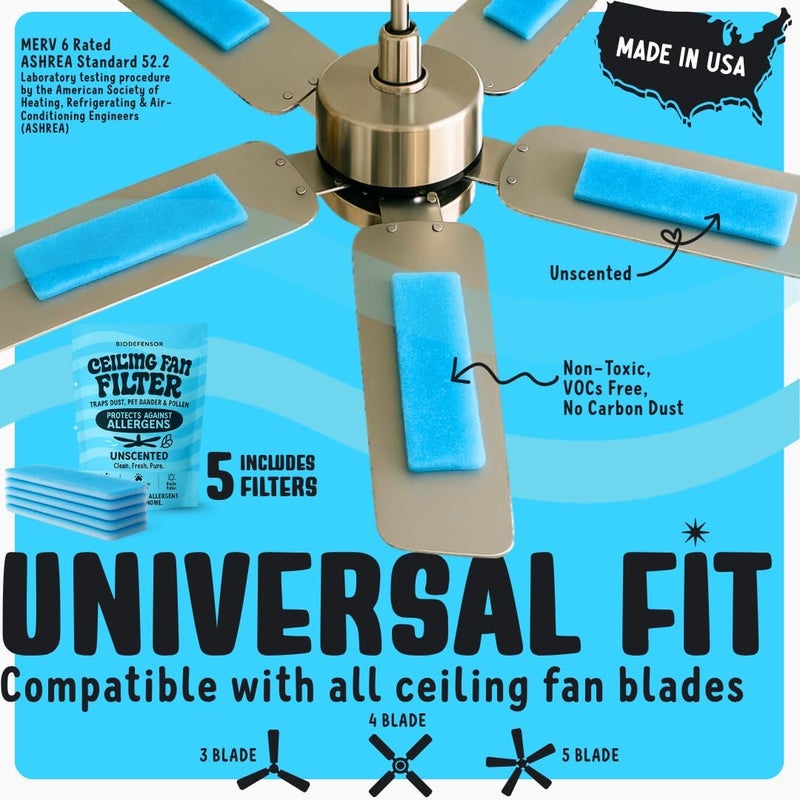 BIODEFENSOR Ceiling Fan Filters for Blades – Dust-Lock Adhesive Traps & Prevents Re-Circulation of Dust, Pet Dander, Pollen, Spores – Perfect for Pet Owners – Easy Peel & Stick, Made in USA (5-Pack) - Image 4