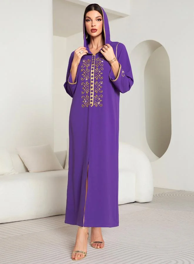تايك تو Women Purple Rhinestone Embellished Hooded Jalabiya