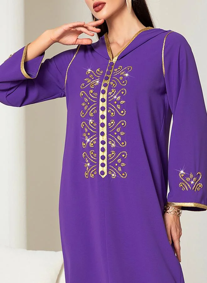 Take Two  Women's Solid Rhinestone Embellished Long Sleeve Golden Trim Hoodie Jalabiya for Women | Best Price UAE