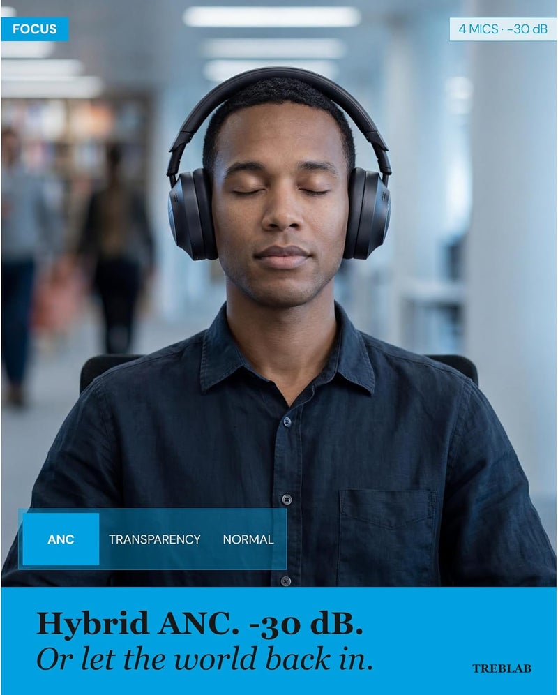 تريبلاب سماعات رأس TREBLAB Z7-Pro هجينة مع إلغاء الضوضاء النشط (ANC) بتقنية البلوتوث، مخصصة للعمل والسفر والتركيز، وراحة طوال اليوم، ومدة تشغيل 38 ساعة، سماعات رأس لاسلكية قابلة للطي مع إلغاء الضوضاء وحقيبة حمل. - Image 3