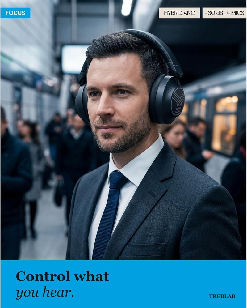 تريبلاب سماعات رأس TREBLAB Z7-Pro هجينة مع إلغاء الضوضاء النشط (ANC) بتقنية البلوتوث، مخصصة للعمل والسفر والتركيز، وراحة طوال اليوم، ومدة تشغيل 38 ساعة، سماعات رأس لاسلكية قابلة للطي مع إلغاء الضوضاء وحقيبة حمل. - Image 2