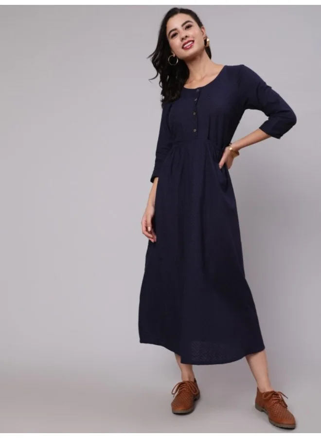أيه كيه إس Navy Blue Woven Design Gathered Dress