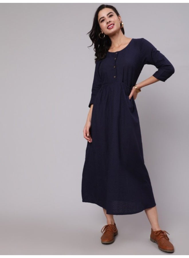 AKS Navy Blue Woven Design Gathered Dress - Image 1