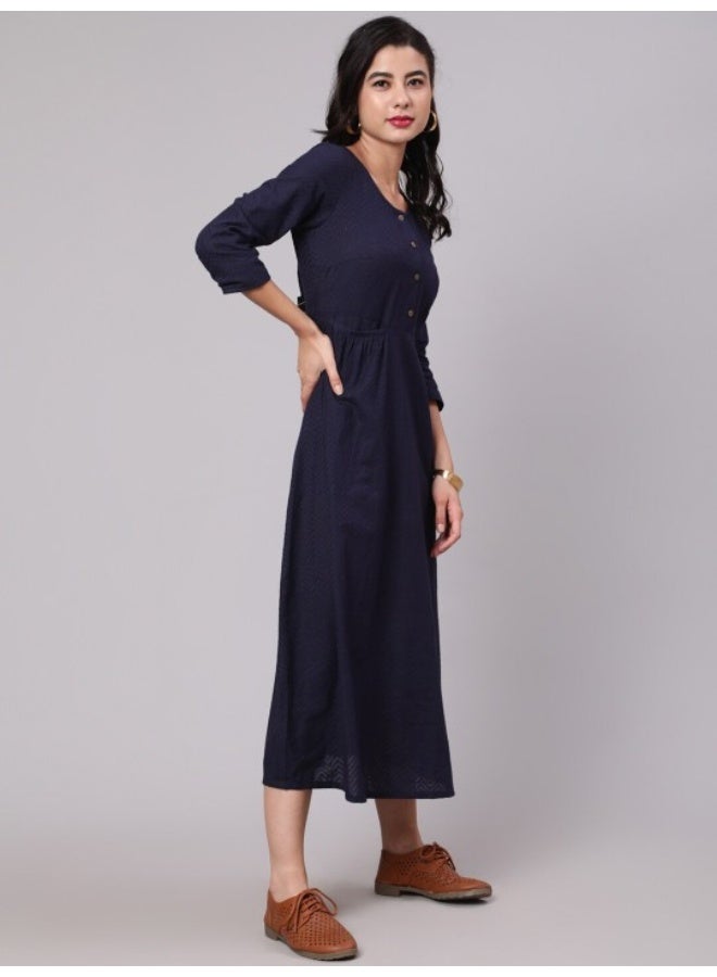 AKS Navy Blue Woven Design Gathered Dress - Image 3