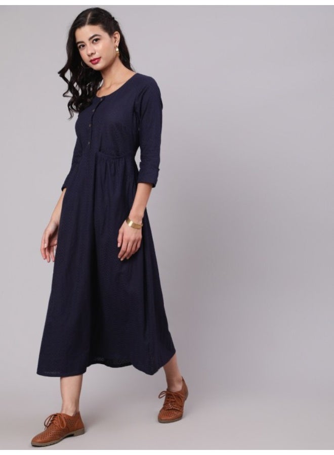 AKS Navy Blue Woven Design Gathered Dress - Image 4