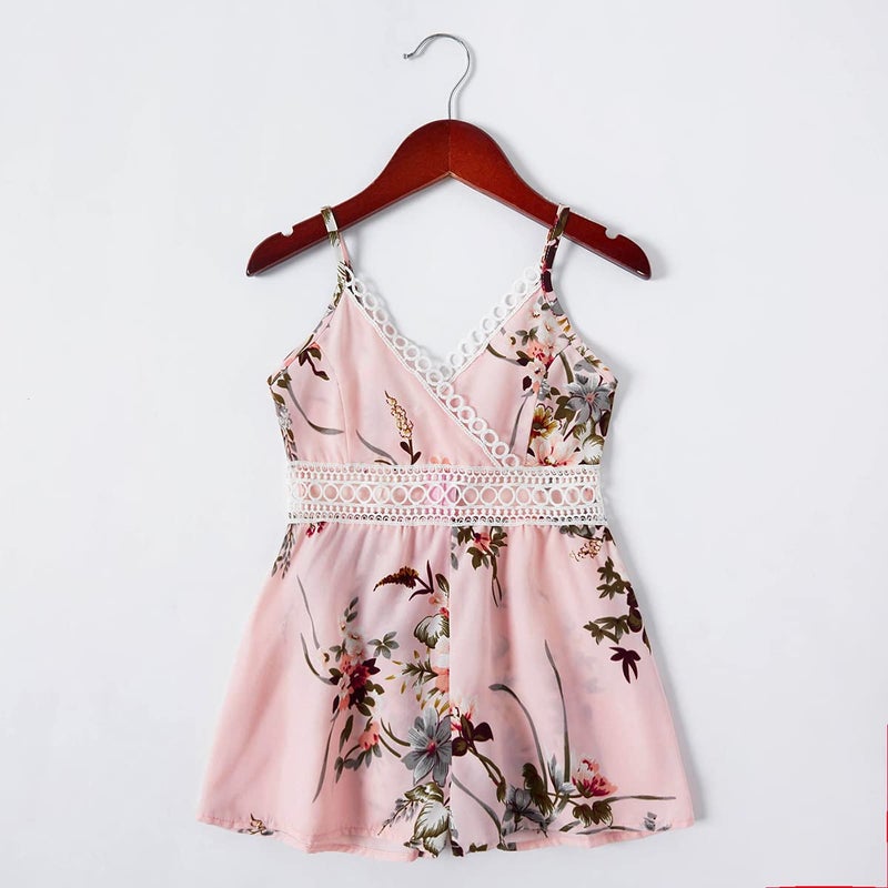 AWIBMK Mommy and Me Dresses Outfits Floral Print Sling Family Matching Belted Jumpsuit Romper V Neck Sleeveless Summer Casual Clothes Suit Set for Mother and Daughter Embroidered Pink Flower Small - Image 4