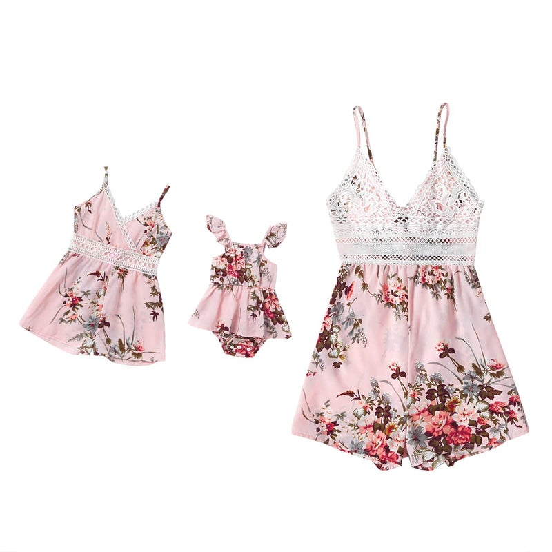 AWIBMK Mommy and Me Dresses Outfits Floral Print Sling Family Matching Belted Jumpsuit Romper V Neck Sleeveless Summer Casual Clothes Suit Set for Mother and Daughter Embroidered Pink Flower Small - Image 1