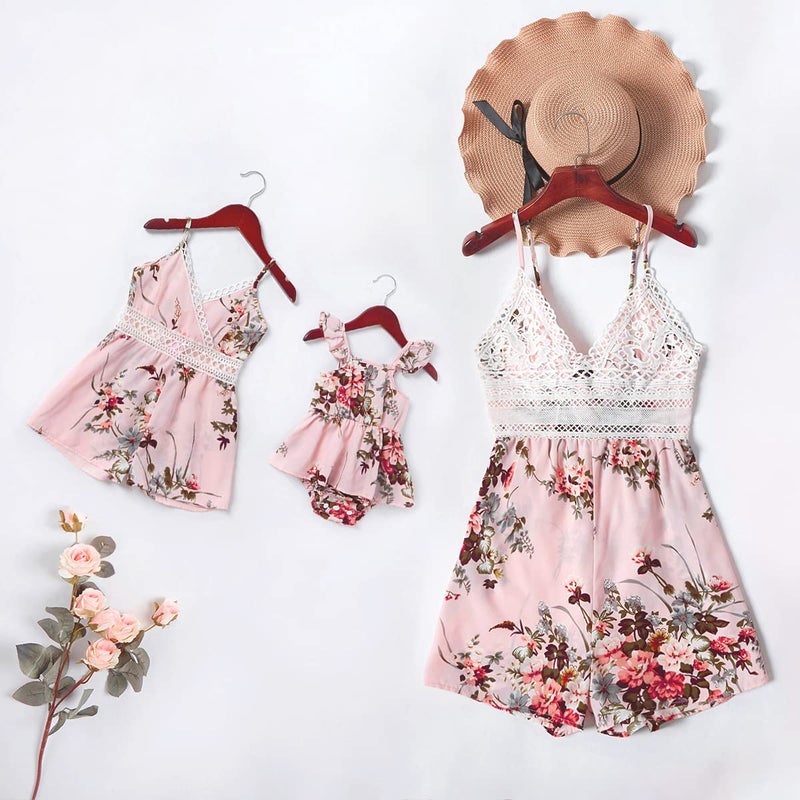 AWIBMK Mommy and Me Dresses Outfits Floral Print Sling Family Matching Belted Jumpsuit Romper V Neck Sleeveless Summer Casual Clothes Suit Set for Mother and Daughter Embroidered Pink Flower Small - Image 2