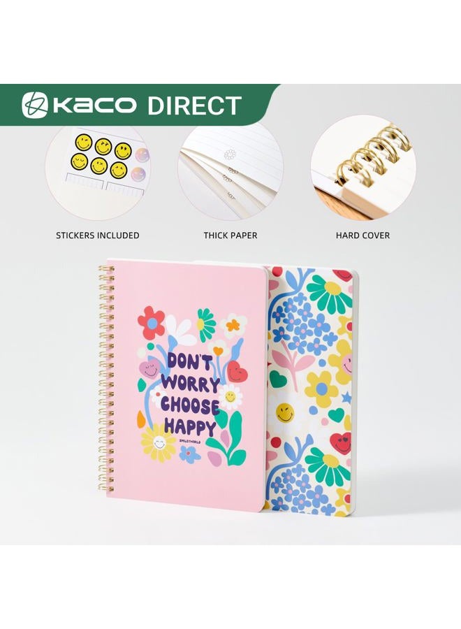 Kaco Pack 2 Cute Mini Spiral Notebooks, Set of 2 For Women, 8.2'' x 5.9'' Hardcover Journal 120 x 2 Lined Pages with Pocket and Sticker (Floral) - Image 3