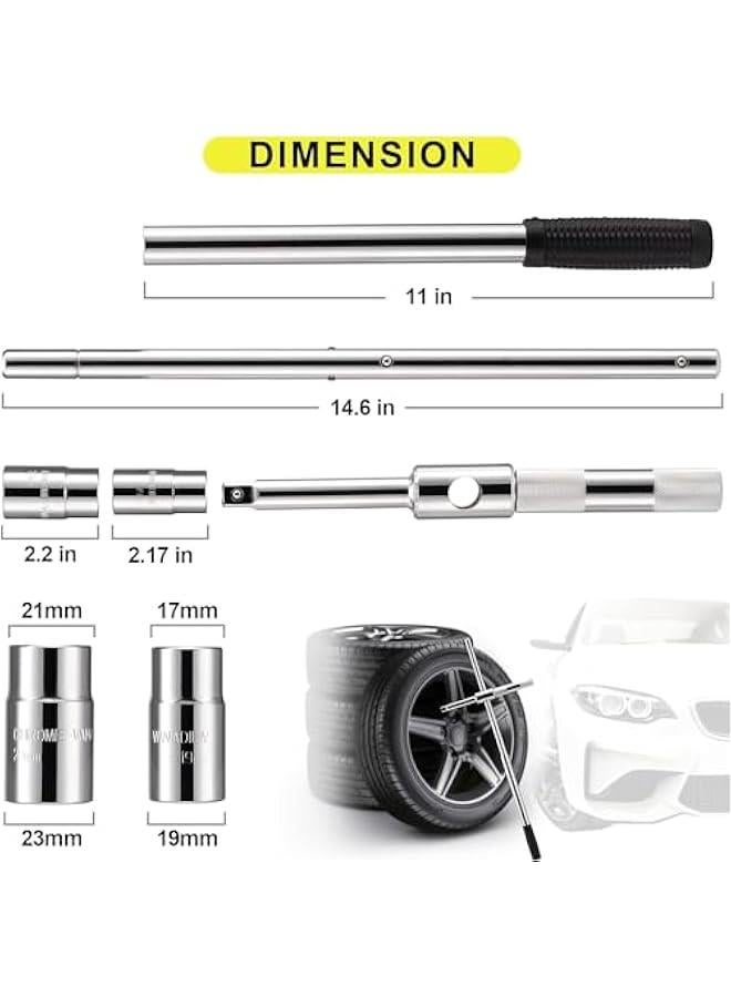 HOOKOR 25 Universal Extended Lug Wrench, 4 Way Tire Iron Nut Wrench Set with Oxford Storage Bag and Standard Sockets (17mm/19mm,21mm/23mm) for Heavy Duty Cross Wheel Wrench, Lug Nut Removal Tool - Image 2
