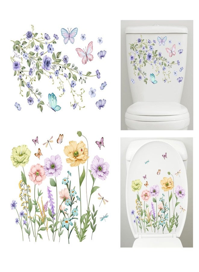 Fumwase 2pcs Toilet Tank and Seat Stickers Set with Different Patterns Colorful Floral Butterfly Toilet Stickers Decals Removable Waterproof Self-Adhesive Toilet Lid Decals for Bathroom Decor - Image 1