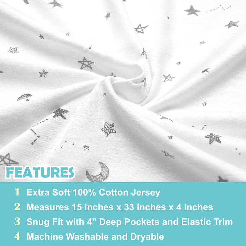 TL Care 100% Natural Breathable Cotton Jersey Knit Fitted Bassinet Sheet, Grey Stars and Moons, 15" x 33", Soft Breathable, for Boys and Girls(Pack of 1) - Image 2